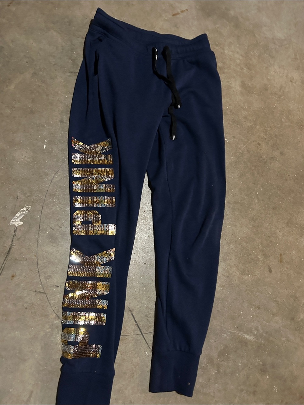 PINK Victoria's Secret Navy Joggers with Gold Sequin Logo